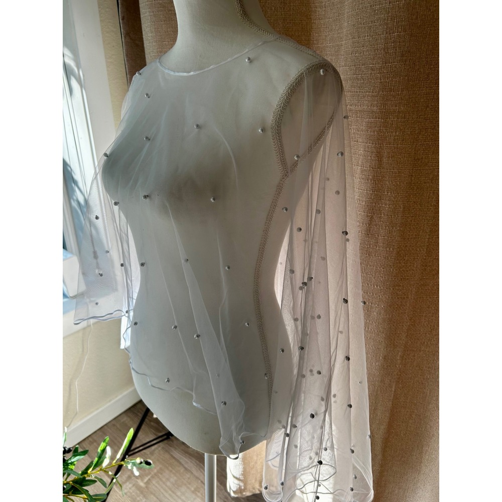 White Tulle Bridal Capelet with Pearl Embellishments Wedding Shrug Sheer Wrap